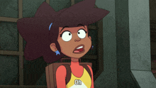 a cartoon girl with a backpack and a yellow shirt that says oh