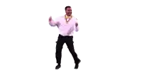 a man in a white shirt and black pants is dancing with his arms in the air .