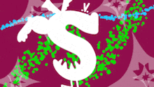 the letter s is on a pink background with green dots