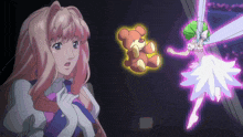 a girl with a teddy bear and a fairy flying in the background