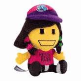 a stuffed smiley face wearing a purple hat and a shirt that says houot 2yus aa3w