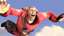 a man in a red jacket is flying in the sky