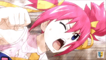 a girl with pink hair and blue eyes is screaming in a cartoon