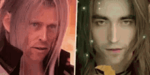 a man with long hair and a woman with long hair are standing next to each other .