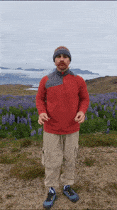 a man in a red shirt stands in front of a field of blue flowers