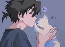 a drawing of a boy kissing a cat with a speech bubble that says ' i love you '