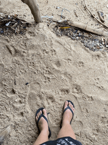 a person wearing black flip flops is standing on a sandy beach