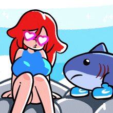 a cartoon drawing of a woman wearing heart shaped sunglasses next to a shark
