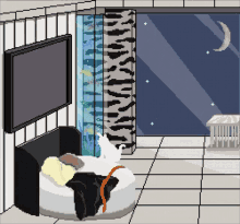 a pixel art drawing of a bedroom with a round bed and a tv
