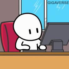 a cartoon character sits at a desk in front of a computer with gigaverse written on the bottom