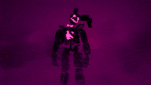 a person in a striped shirt is standing in front of a purple background with a purple light coming out of it .