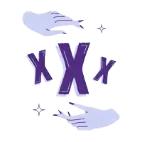 a purple letter x is surrounded by a pair of hands