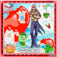 a cartoon of a man standing next to a green teddy bear with the words diaflip 4 life below him