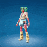 a girl with green hair and red skin is wearing a school uniform