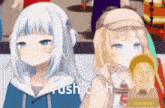 two anime girls are standing next to each other and one of them is holding a statue of a man .