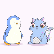 a penguin and a cat are hugging each other