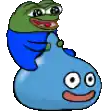 a pixel art of a frog riding on the back of a blue slime .