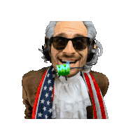 a man wearing sunglasses and headphones is holding a green object