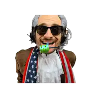 a man wearing sunglasses and headphones is holding a green object