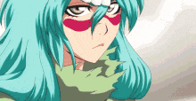 a close up of a cartoon character with blue hair and red spots on her face