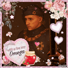 a picture of a man holding a sword with a heart that says will u be my omega