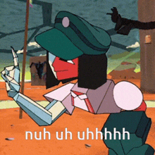 a cartoon of a robot giving the middle finger with the words nuh uh uhhhh written below it