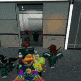 a group of roblox characters are standing in front of a building .