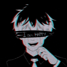 a boy in a suit and tie is smiling and crying with a bandage on his face that says `` i am happy '' .