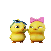two yellow chicks wearing sunglasses and a pink bow are standing next to each other