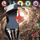 a cartoon drawing of a woman and a robot with the letters l t and o visible