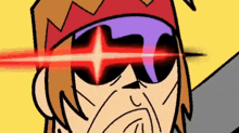 a cartoon of a man wearing sunglasses and a crown with a red light coming out of his eyes .