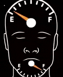 a black and white drawing of a person 's face with a speedometer reading e