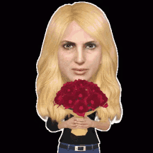 a blonde woman holding a bouquet of red roses