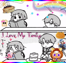 a cartoon of a girl reading a book and a boy eating pancakes with the words " i love my family " on the bottom