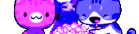 three cartoon cats are standing next to each other with one holding a purple flower