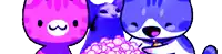 three cartoon cats are standing next to each other with one holding a purple flower
