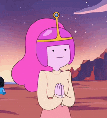 princess bubblegum from adventure time is praying with her hands folded and a crown on her head