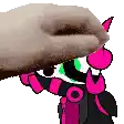 a hand is touching a cartoon character 's face with a glove .