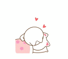 a cartoon of a person laying on a bed with a pillow and hearts .