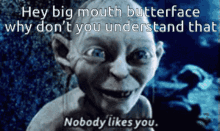 hey big mouth butterface why dont you understand nobody likes you gollum lotr