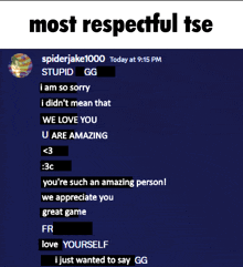 a screenshot of a conversation between spiderjake1000 and gg
