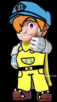 a cartoon character wearing a blue hat with the number 11 on it giving a thumbs up