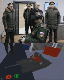 a man in a military uniform is wearing a virtual reality headset and playing a video game