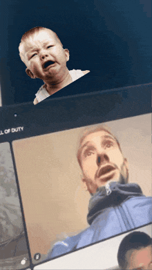a screen shows a baby and a man with the words call of duty on the bottom