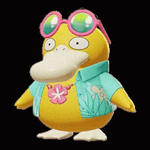 a yellow duck is wearing a blue shirt and sunglasses .