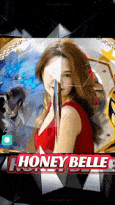 a woman in a red dress stands in front of a blue wolf with the words honey belle below her