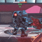 a video game character with a green arrow pointing up and the word stk on the bottom