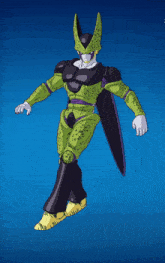a cartoon character with a blue background and a green and black outfit