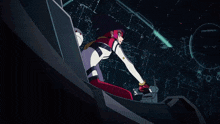 a girl with red hair and a purple hat is looking at something