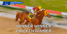a jockey riding a horse on a race track with the words " winner winner chicken dinner " written on the bottom